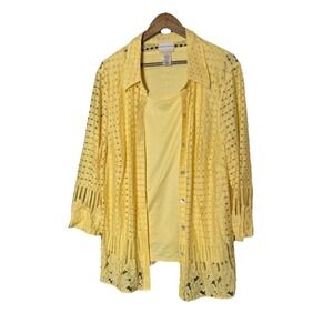 Alfred‎ Dunner Blouse Yellow Floral Cut Out Sheer Long Sleeve Shacket 2X Button